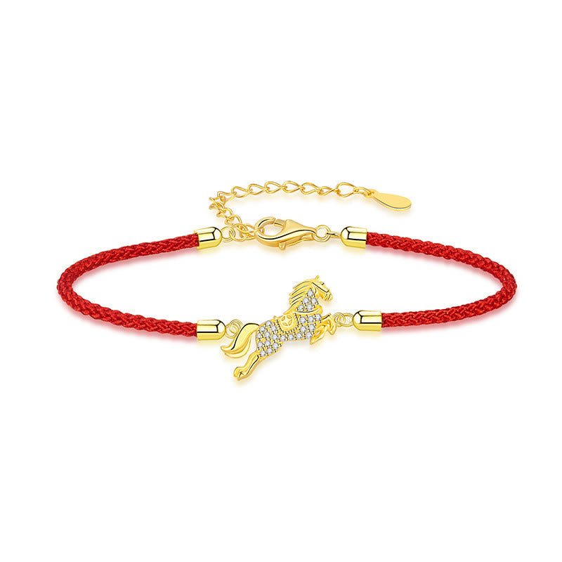 Chinese Zodiac Year Of The Horse 925 Sterling Silver Golden Red String Luck Bracelet