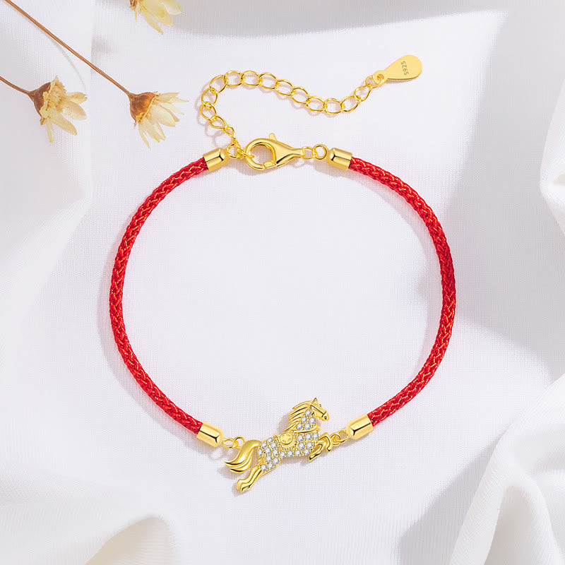 Chinese Zodiac Year Of The Horse 925 Sterling Silver Golden Red String Luck Bracelet
