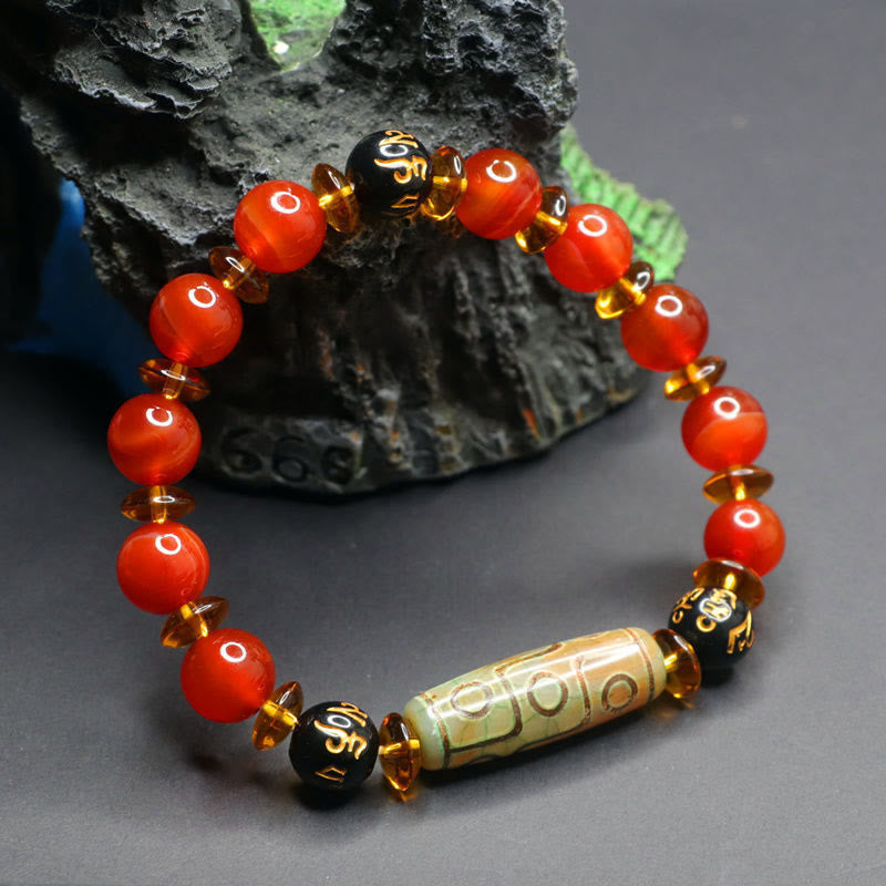 Red Agate Nine-eye Dzi Bead Six True Words Calm Bracelet