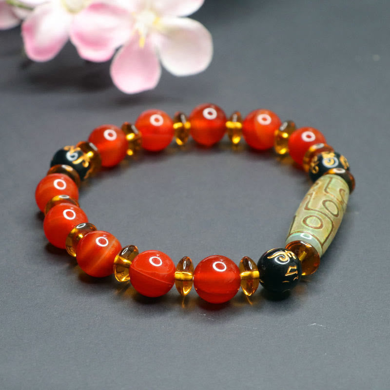 Red Agate Nine-eye Dzi Bead Six True Words Calm Bracelet