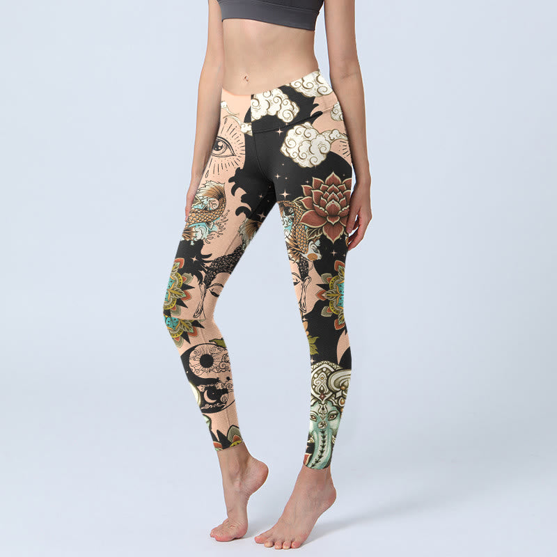Lotus Ganesh Mandala Evil Eye Koi Fish Yin Yang Shape Gym Leggings Women's Yoga Pants