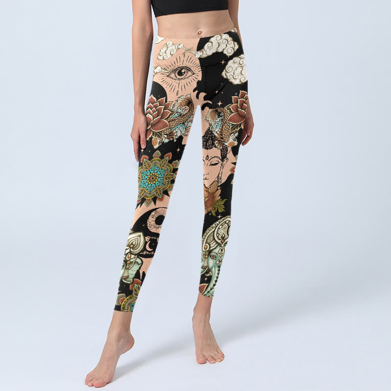 Lotus Ganesh Mandala Evil Eye Koi Fish Yin Yang Shape Gym Leggings Women's Yoga Pants