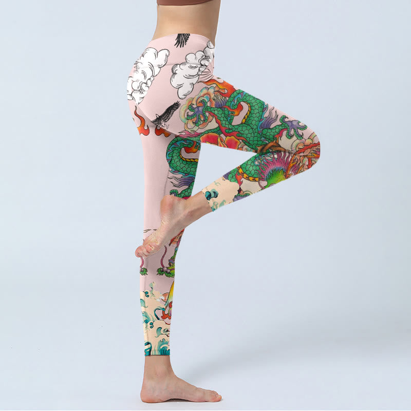 Dragon Rose Eagle Waves Auspicious Clouds Pattern Gym Leggings Women's Yoga Pants