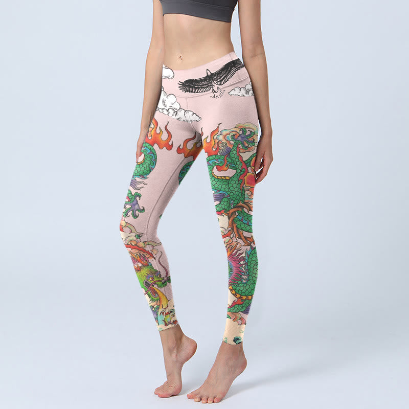 Dragon Rose Eagle Waves Auspicious Clouds Pattern Gym Leggings Women's Yoga Pants