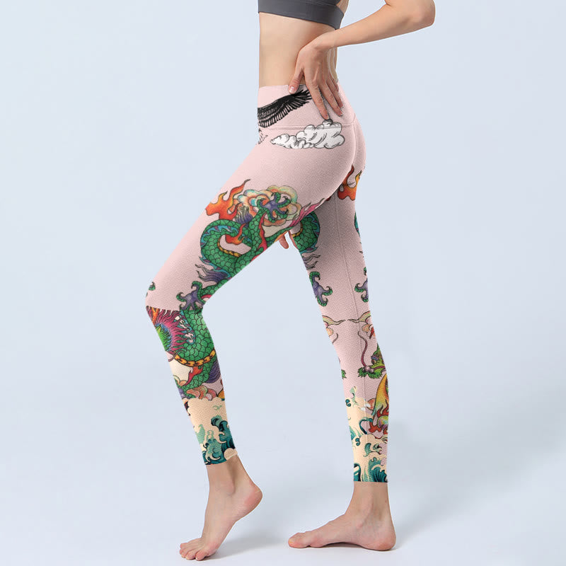 Dragon Rose Eagle Waves Auspicious Clouds Pattern Gym Leggings Women's Yoga Pants