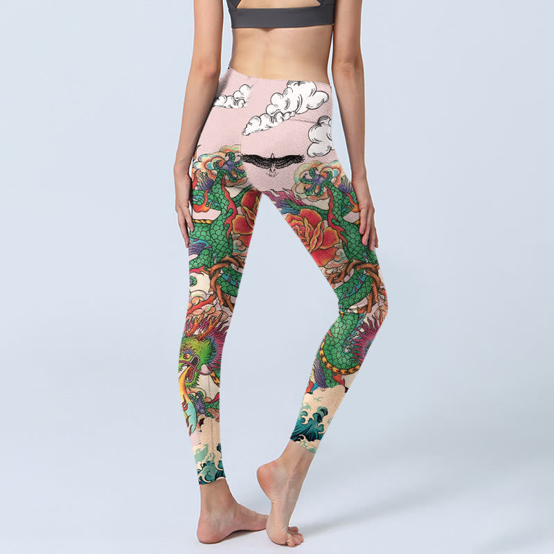 Dragon Rose Eagle Waves Auspicious Clouds Pattern Gym Leggings Women's Yoga Pants