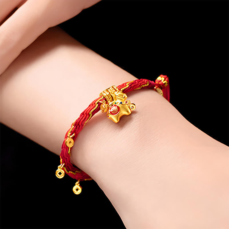 Copper Plated 18k Gold Year Of The Horse Fu Character Red String Luck Braided Bracelet