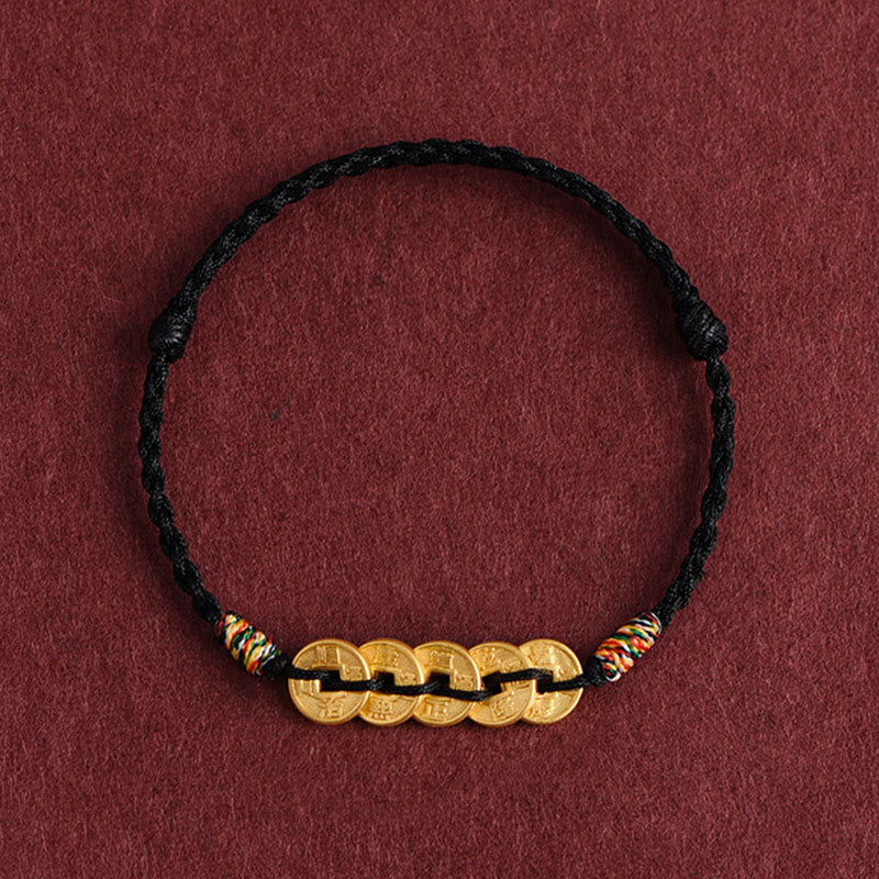 Five Copper Coins Design Braided String Protection Bracelet Anklet