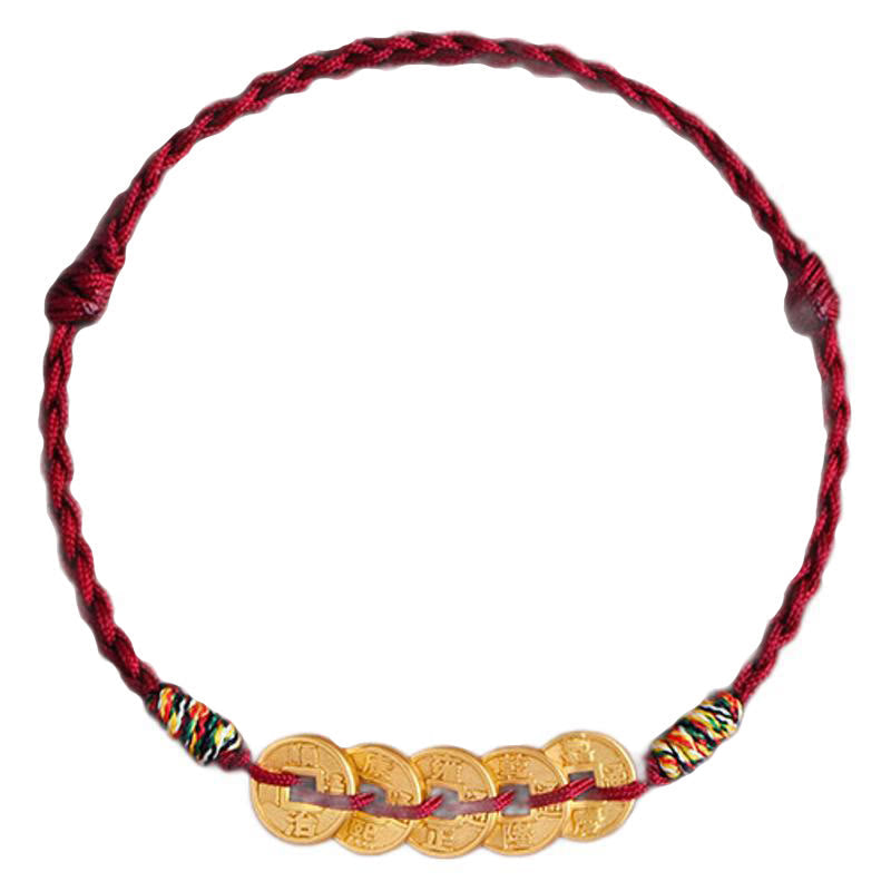 Five Copper Coins Design Braided String Protection Bracelet Anklet