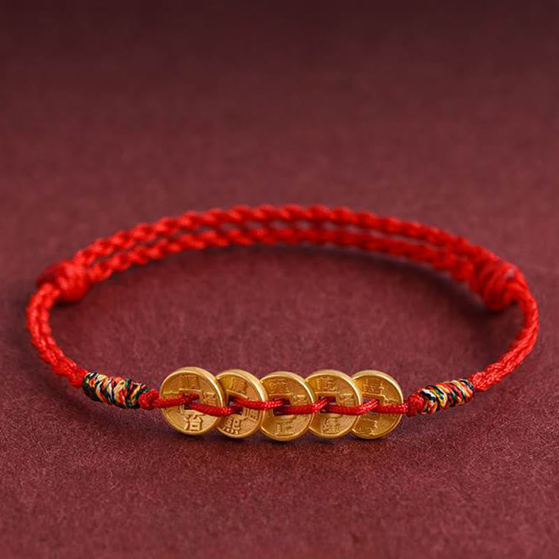 Five Copper Coins Design Braided String Protection Bracelet Anklet