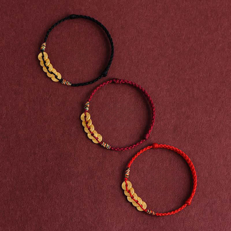 Five Copper Coins Design Braided String Protection Bracelet Anklet