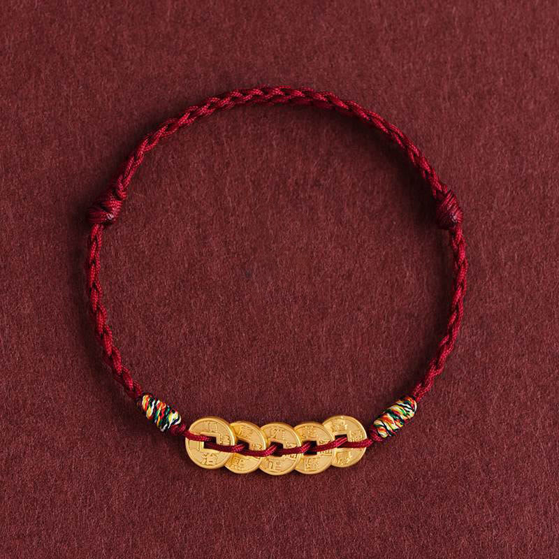 Five Copper Coins Design Braided String Protection Bracelet Anklet