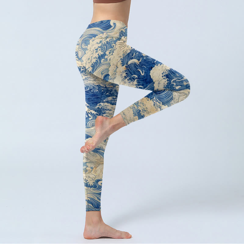 Ocean Waves Pattern Print Gym Leggings Women's Yoga Pants