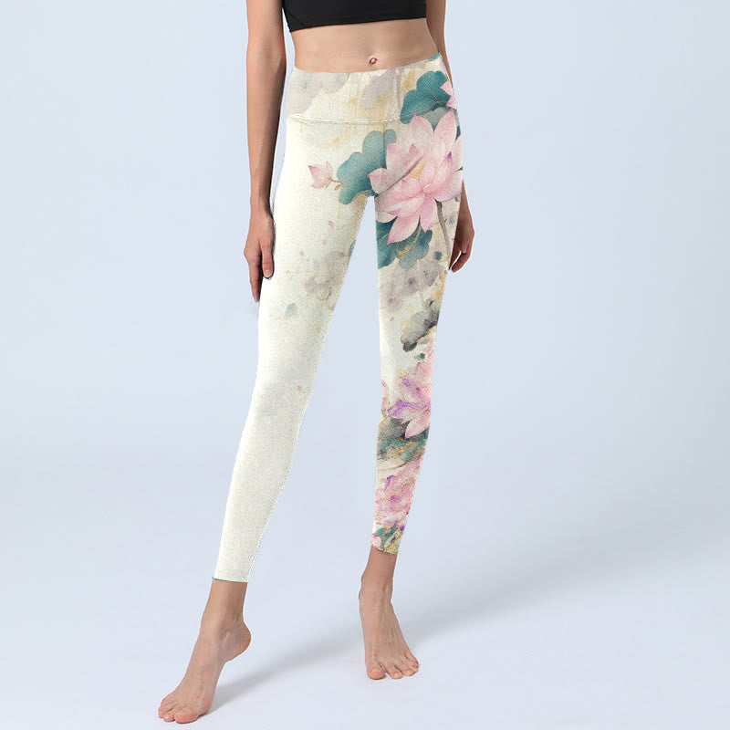 Lotus Petals Leaves Pattern Print Gym Leggings Women's Yoga Pants