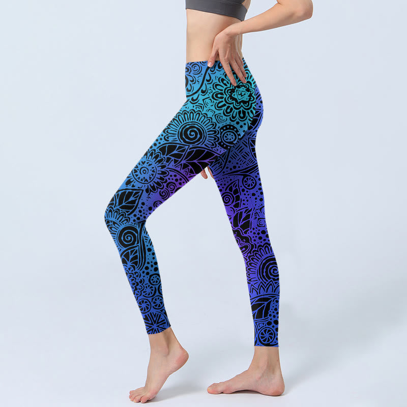 Flowers And Leaves Pattern Print Gym Leggings Women's Yoga Pants