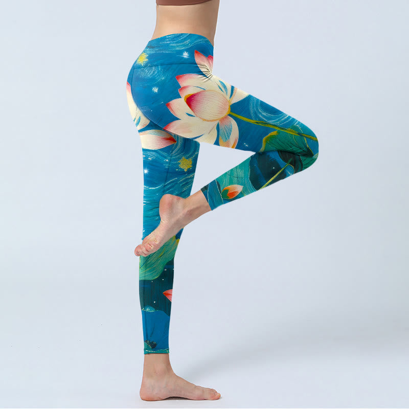 Lotus Flowers Starry Sky Pattern Print Gym Leggings Women's Yoga Pants