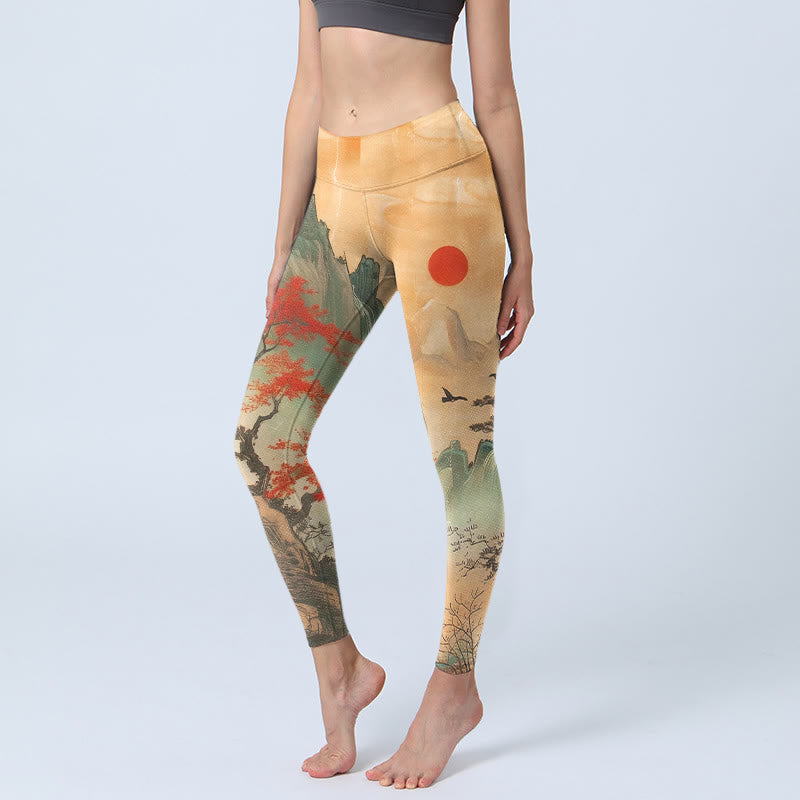 Mountains Trees Rising Sun Pattern Print Gym Leggings Women's Yoga Pants
