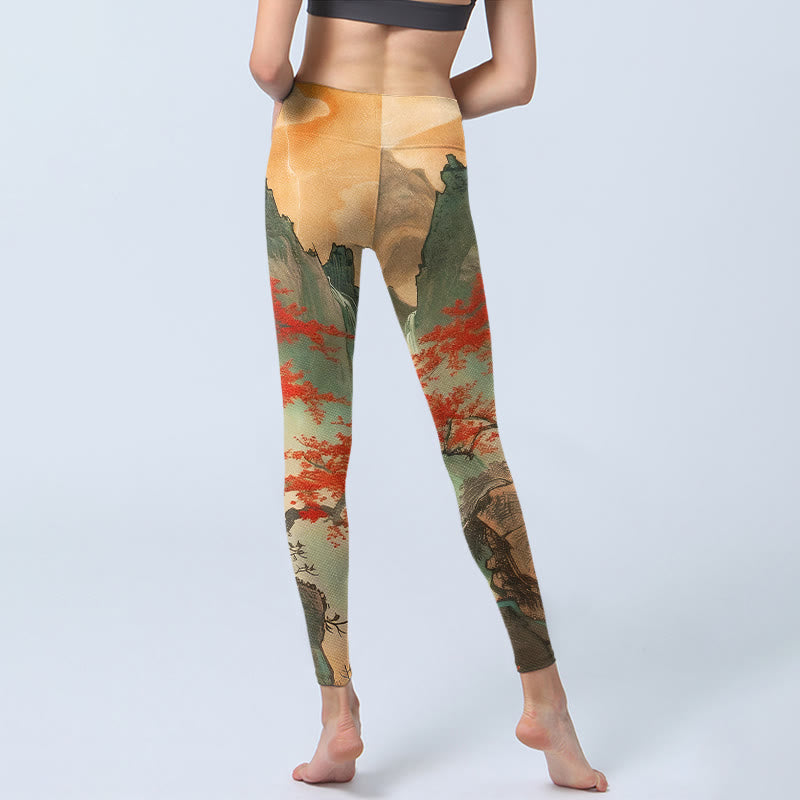 Mountains Trees Rising Sun Pattern Print Gym Leggings Women's Yoga Pants
