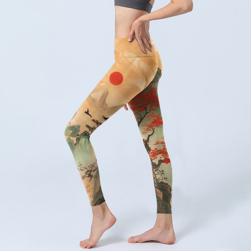 Mountains Trees Rising Sun Pattern Print Gym Leggings Women's Yoga Pants