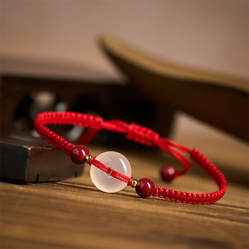 Peace Buckle White Agate Flat Knot Diamond Knot Red String Connection Bracelet