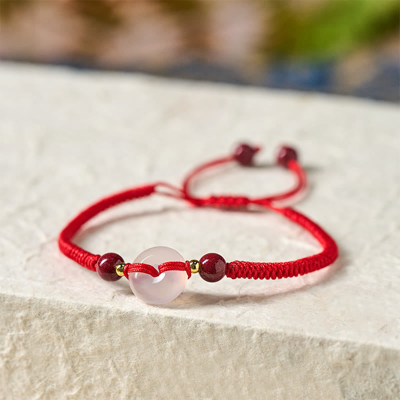 Peace Buckle White Agate Flat Knot Diamond Knot Red String Connection Bracelet
