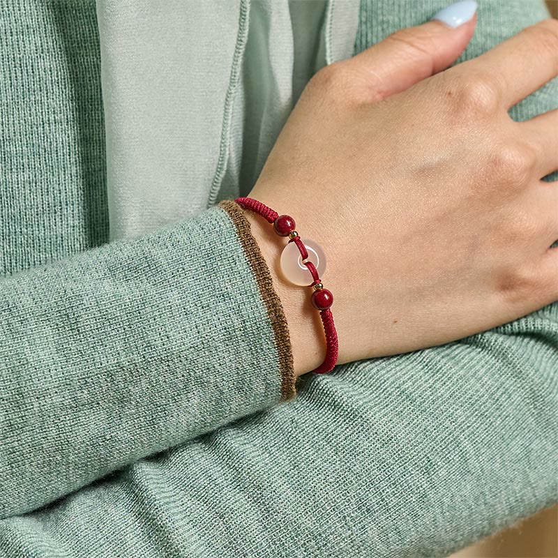 Peace Buckle White Agate Flat Knot Diamond Knot Red String Connection Bracelet