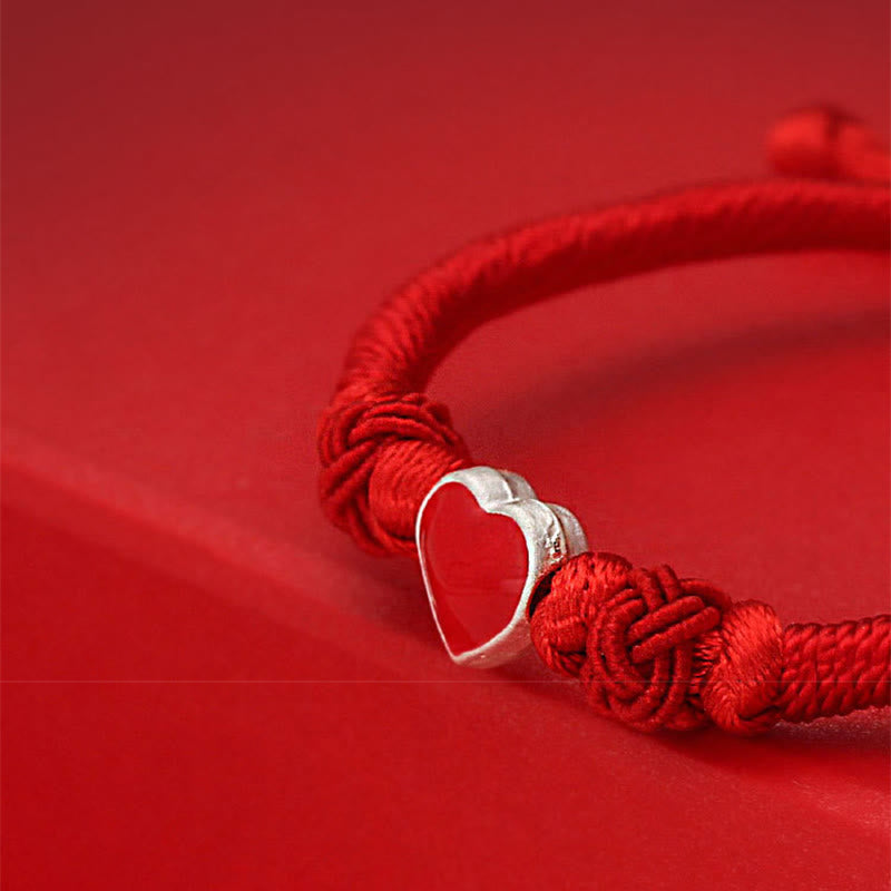 999 Sterling Silver 3D Heart Design Red String Connection Bracelet