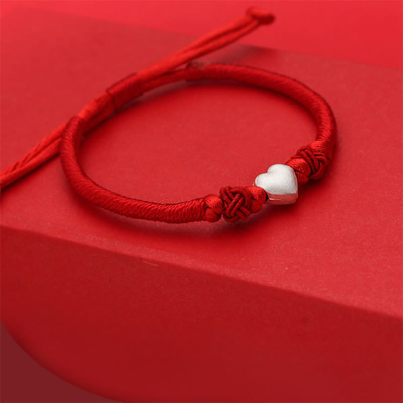 999 Sterling Silver 3D Heart Design Red String Connection Bracelet
