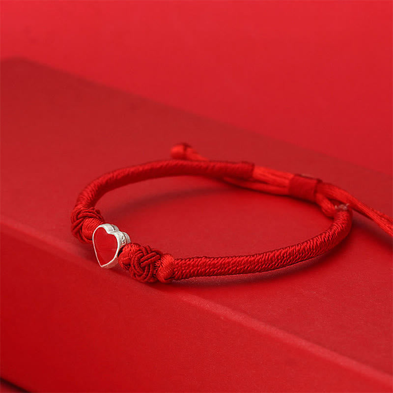 999 Sterling Silver 3D Heart Design Red String Connection Bracelet