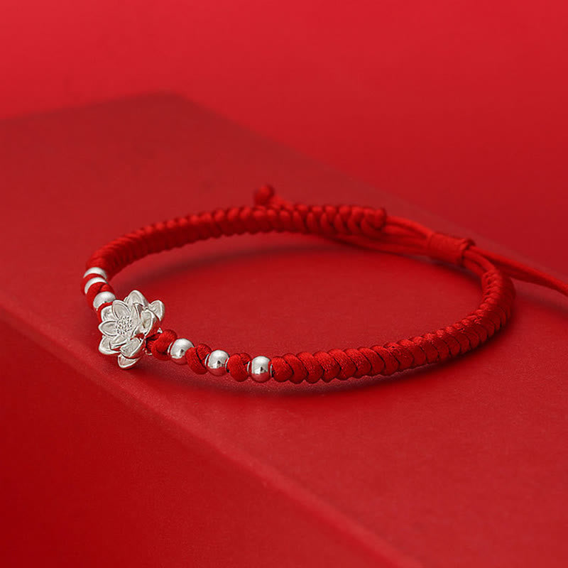 999 Sterling Silver Lotus Symbol 990 Sterling Silver Bead Red String Luck Bracelet