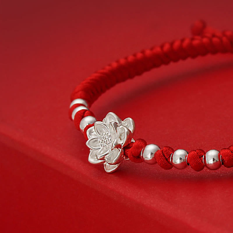999 Sterling Silver Lotus Symbol 990 Sterling Silver Bead Red String Luck Bracelet