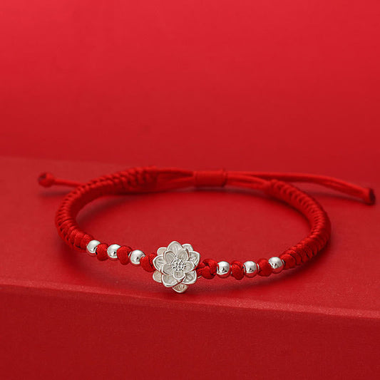 999 Sterling Silver Lotus Symbol 990 Sterling Silver Bead Red String Luck Bracelet