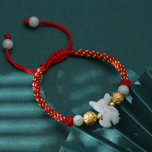 Chinese Zodiac Jade Silver Beads Year Of The Horse Red String Luck Bracelet