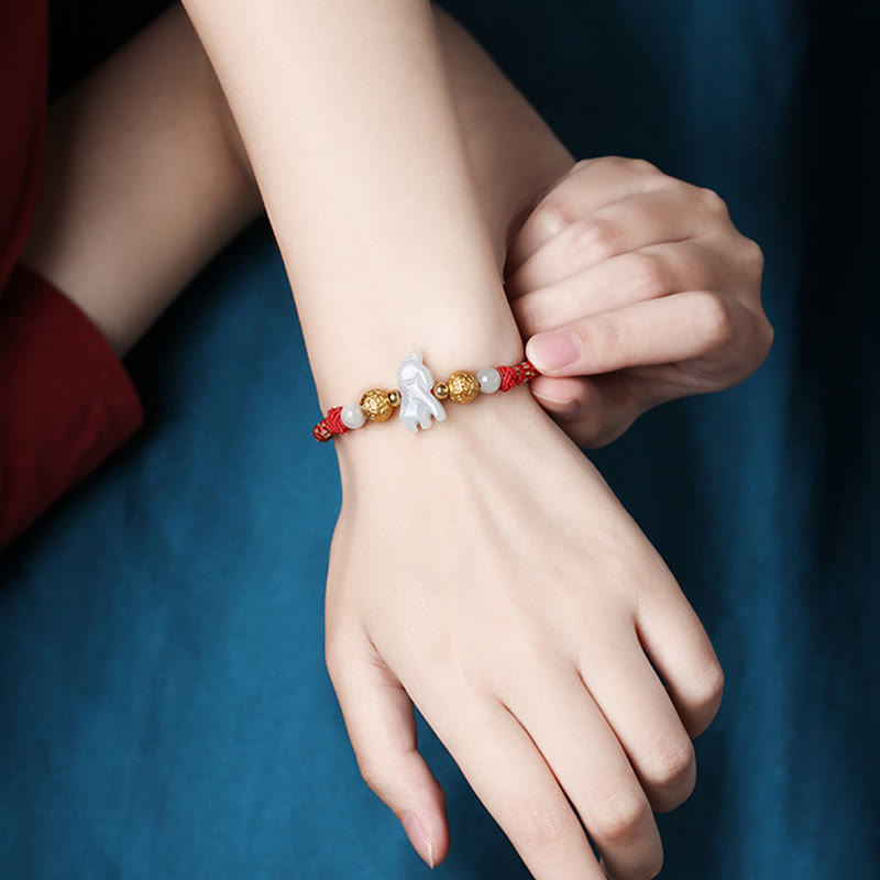 Chinese Zodiac Jade Silver Beads Year Of The Horse Red String Luck Bracelet
