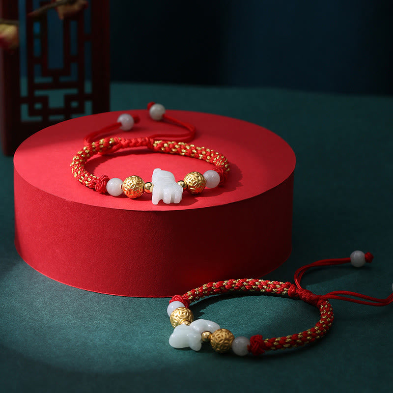 Chinese Zodiac Jade Silver Beads Year Of The Horse Red String Luck Bracelet