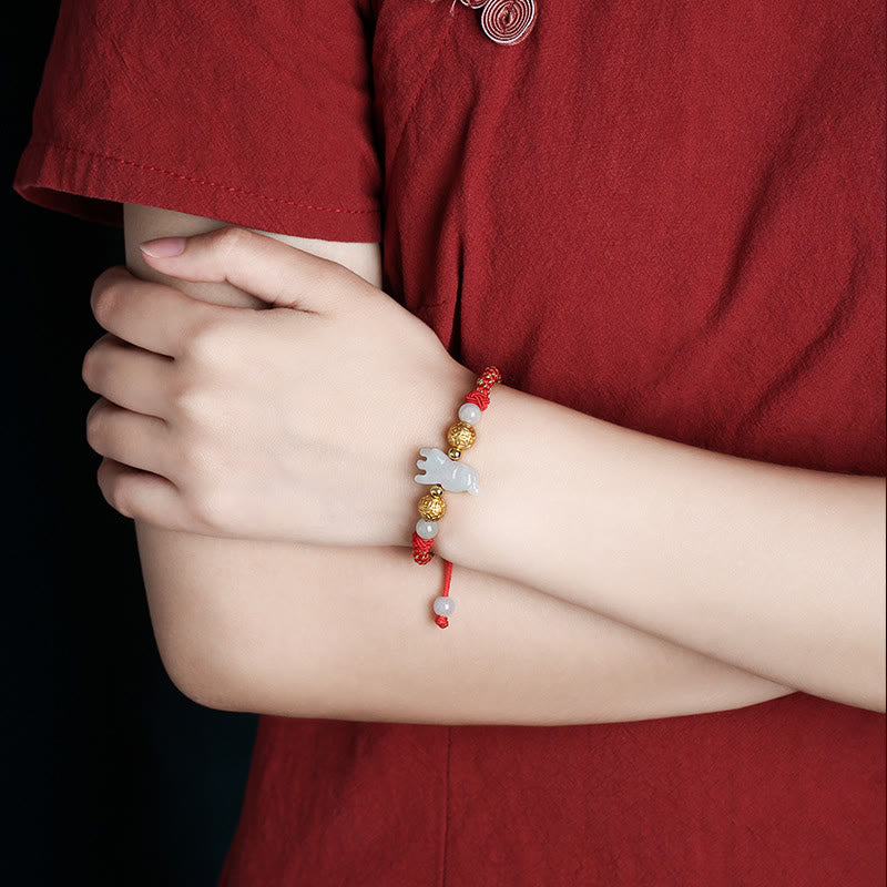 Chinese Zodiac Jade Silver Beads Year Of The Horse Red String Luck Bracelet