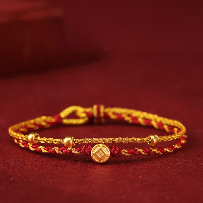 999 Gold Beads Copper Coin Double Wrap Golden Red String Connection Braided Bracelet