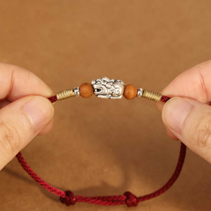 999 Sterling Silver Pixiu Charm Peach Wood Bead Handmade String Braided Luck Bracelet Anklet