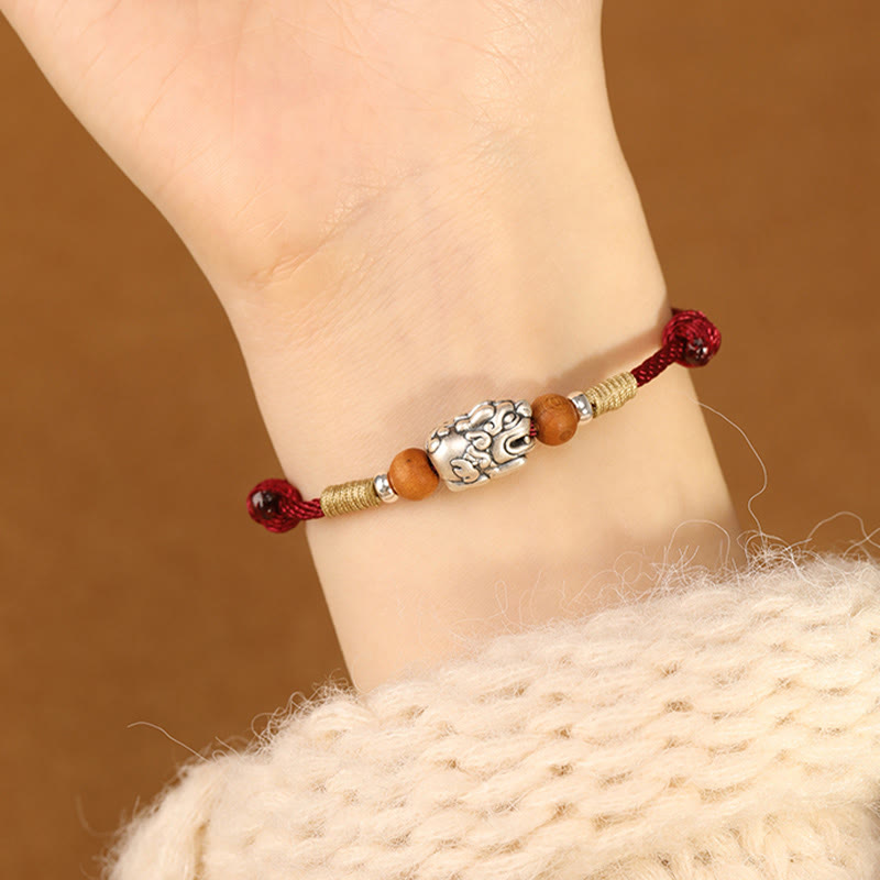 999 Sterling Silver Pixiu Charm Peach Wood Bead Handmade String Braided Luck Bracelet Anklet