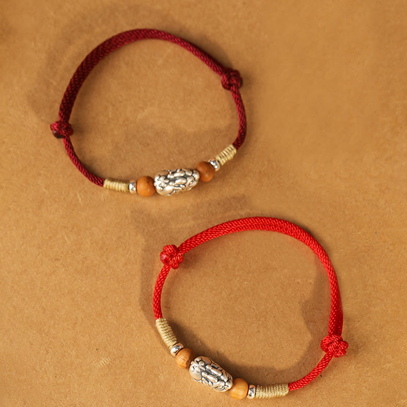 999 Sterling Silver Pixiu Charm Peach Wood Bead Handmade String Braided Luck Bracelet Anklet