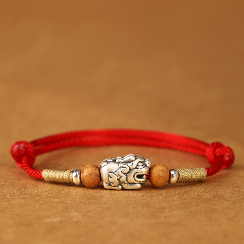 999 Sterling Silver Pixiu Charm Peach Wood Bead Handmade String Braided Luck Bracelet Anklet