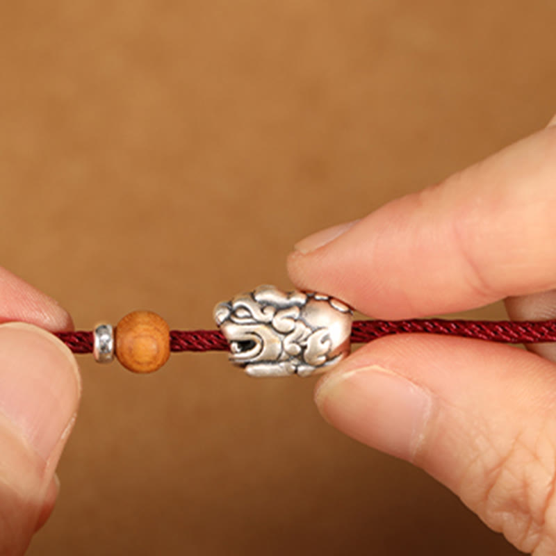 999 Sterling Silver Pixiu Charm Peach Wood Bead Handmade String Braided Luck Bracelet Anklet