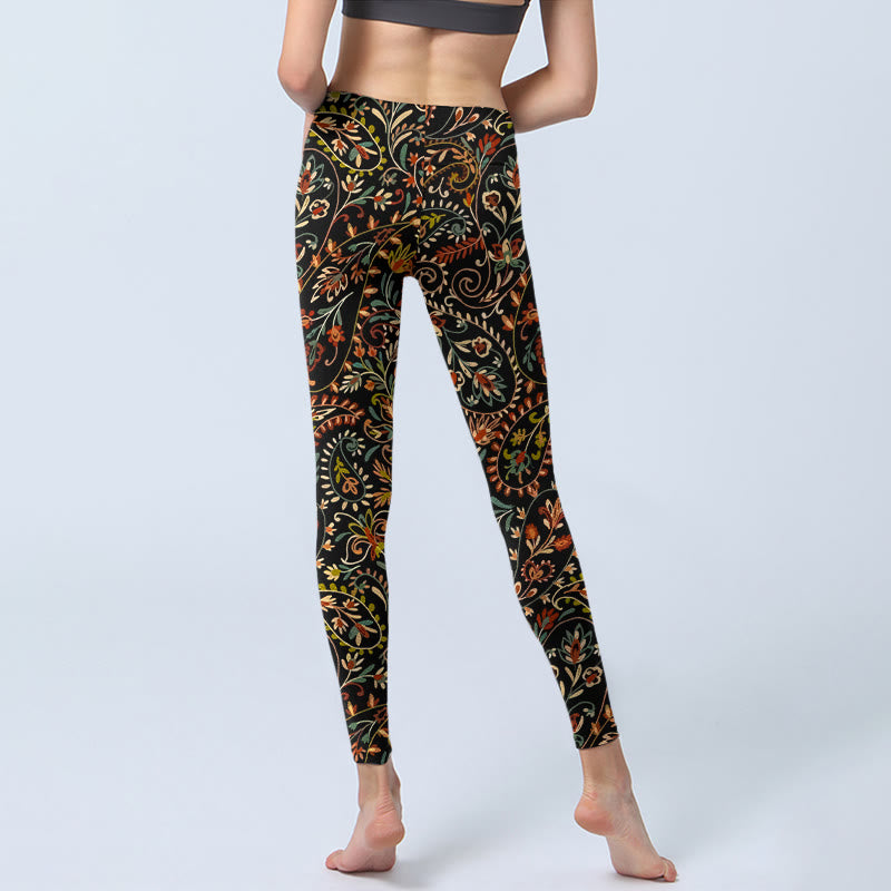 Intricate Flower Leaf Pattern Print Gym Leggings Women's Yoga Pants