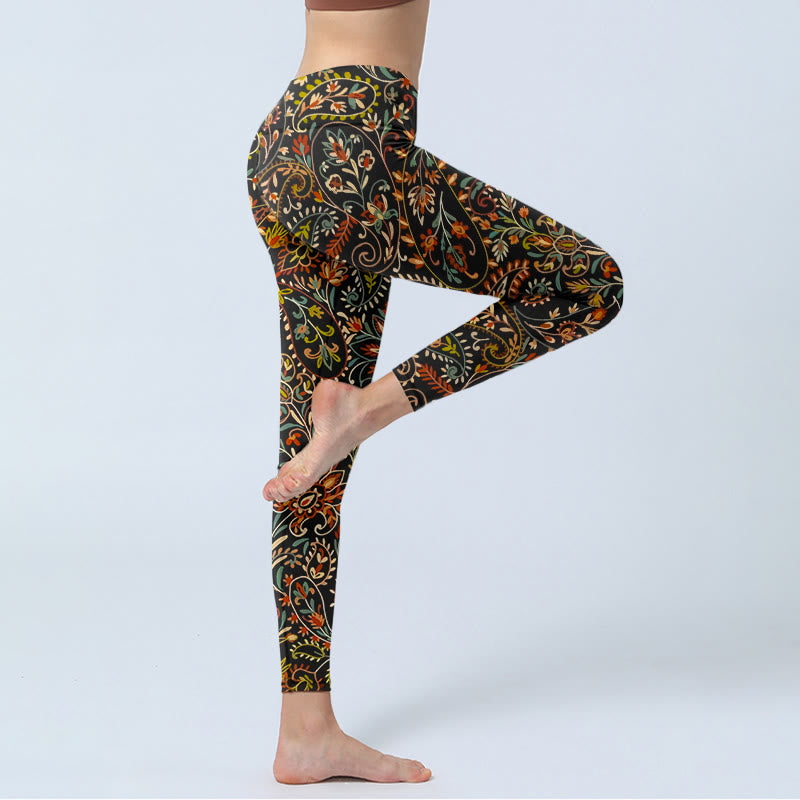 Intricate Flower Leaf Pattern Print Gym Leggings Women's Yoga Pants