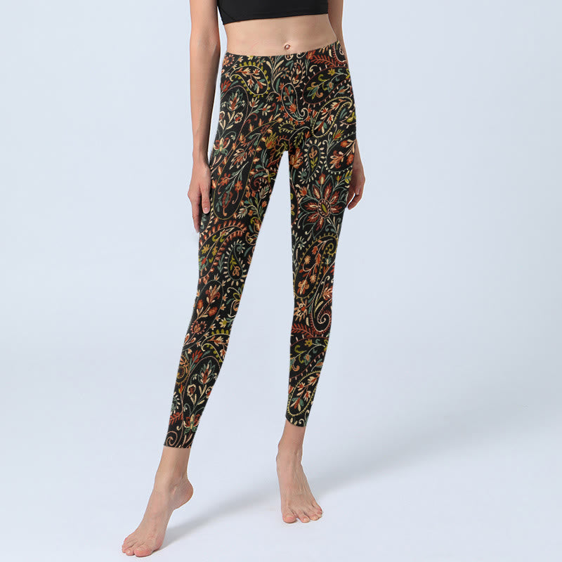 Intricate Flower Leaf Pattern Print Gym Leggings Women's Yoga Pants