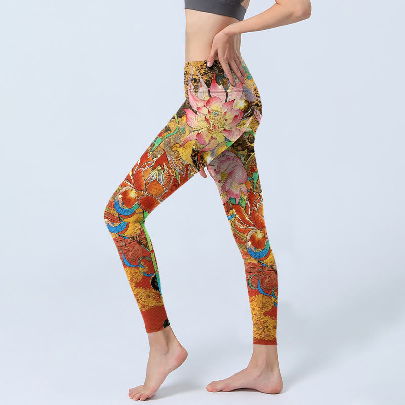 Koi Fish Lotus Cloud Pattern Print Gym Leggings Women's Yoga Pants