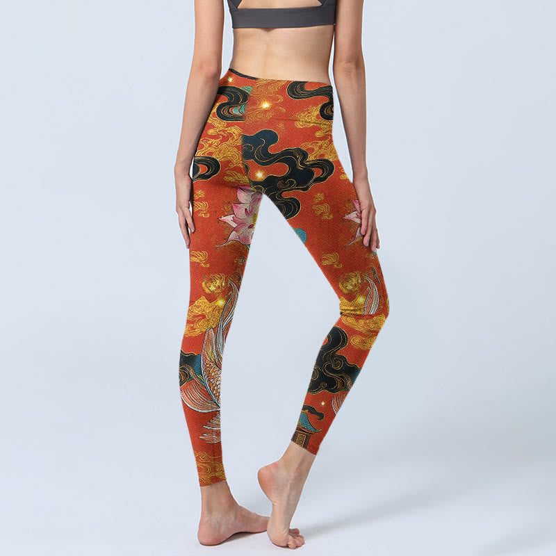 Koi Fish Lotus Cloud Pattern Print Gym Leggings Women's Yoga Pants