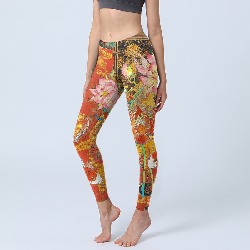 Koi Fish Lotus Cloud Pattern Print Gym Leggings Women's Yoga Pants