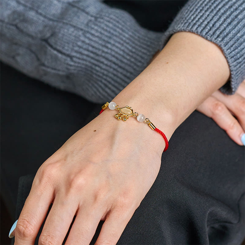 Chinese Lock Charm Cat's Eye Red String Copper Plated Gold Protection Bracelet