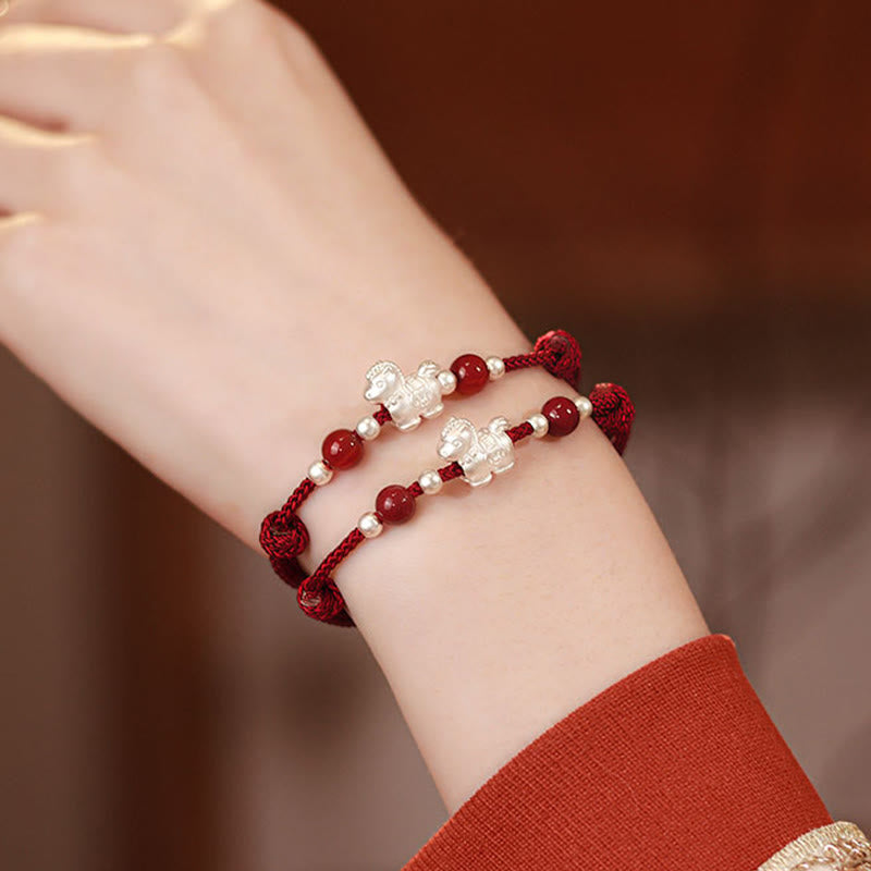 999 Sterling Silver Red Agate Year Of The Horse Prosperity String Bracelet